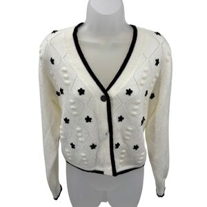 PINCH Cream Black Floral Embroidered V-Neck Knit Crop Cardigan Sweater Womens XS